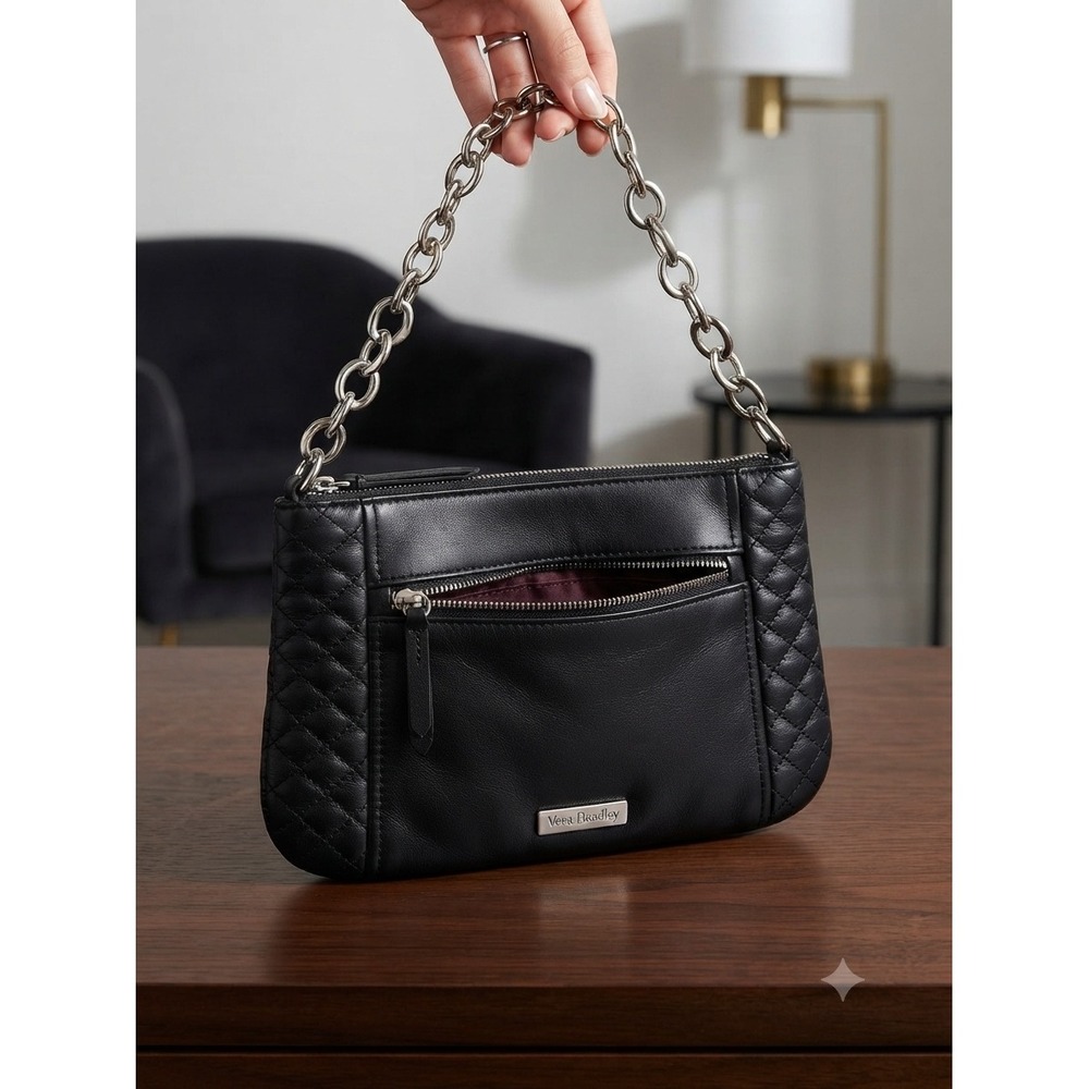 Vera Bradley Black Quilted Leather Chain Shoulder Bag Small Handbag‎ Purse